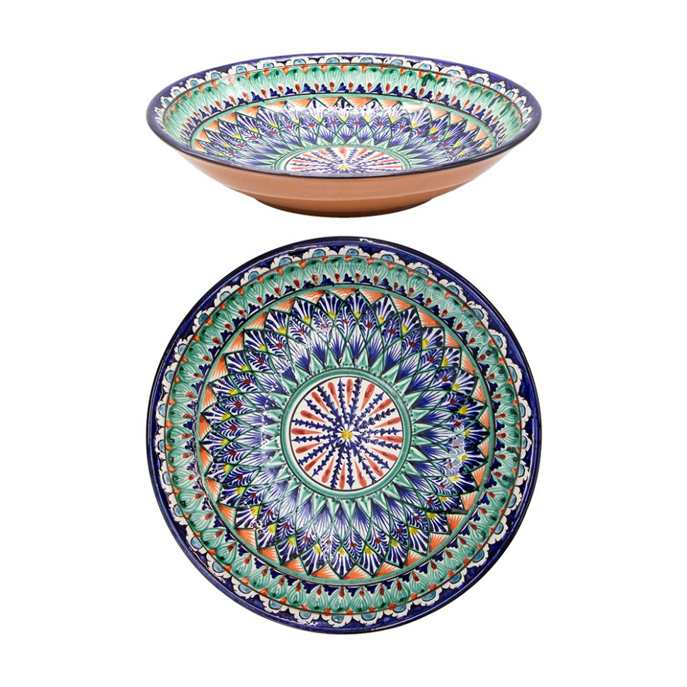 Лаган Мехроб глубокий, керамика, ручная работа, узоры микс, диаметр 34 см фото 1 — Интернет каталог PriceOK