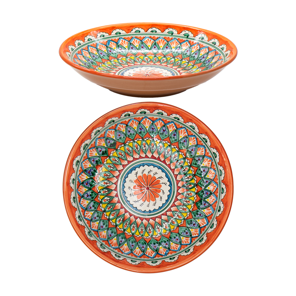 Лаган Мехроб оранжевый глубокий, керамика, ручная работа, узоры микс, диаметр 34 см фото 1 — Интернет каталог PriceOK