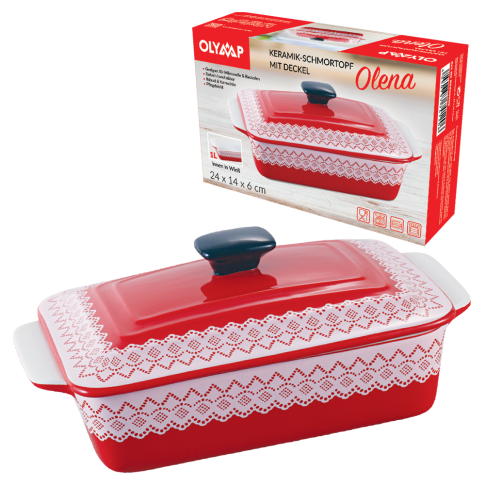 Керамическая форма для запекания с крышкой OLENA 1л, красная, 24 x 14 x 6 см фото 1 — Интернет каталог PriceOK