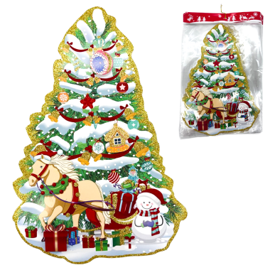 Набор-Бумажное украшение на окно 12 шт. Ёлка с лошадкой и снеговиком 39 x 27 см — Интернет каталог PriceOK