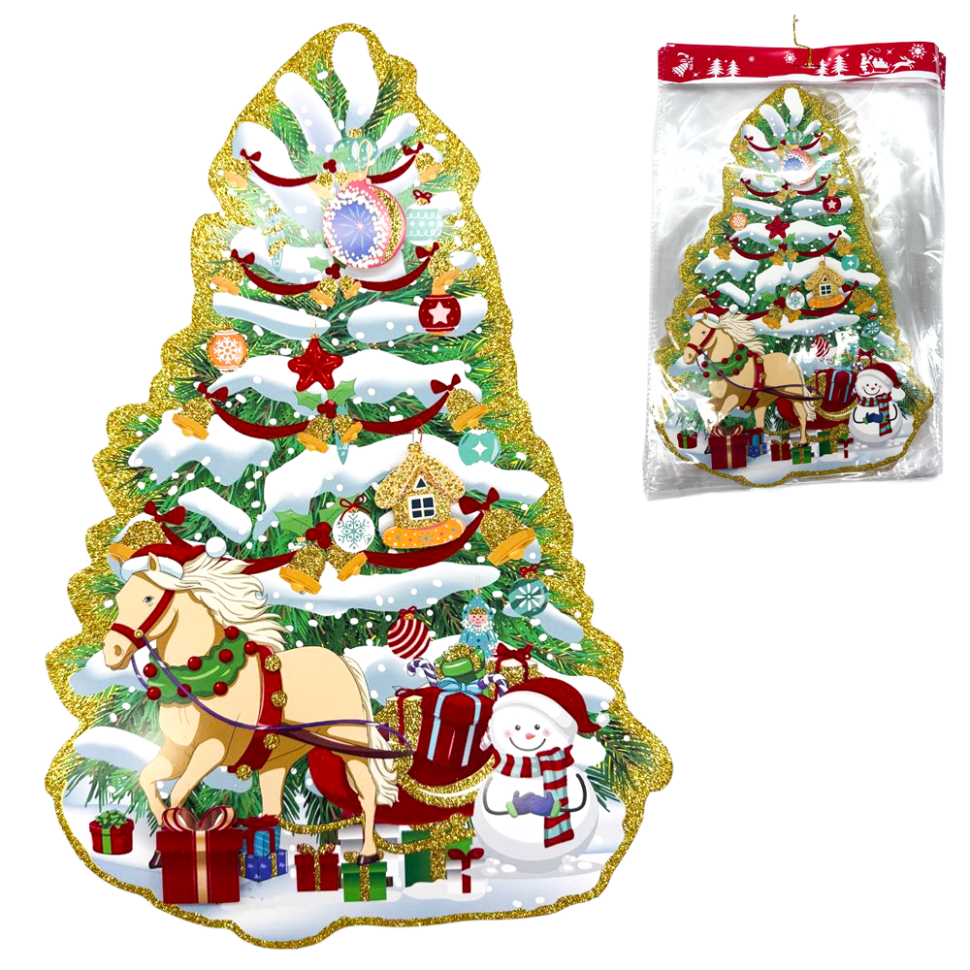Набор-Бумажное украшение на окно 12 шт. Ёлка с лошадкой и снеговиком 39 x 27 см фото 1 — Интернет каталог PriceOK
