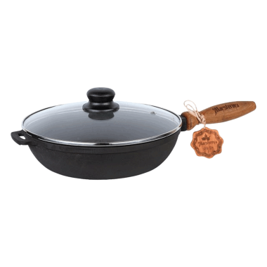 Чугунная сковорода с деревянной ручкой и стеклянной крышкой 26x6 см — Интернет каталог PriceOK