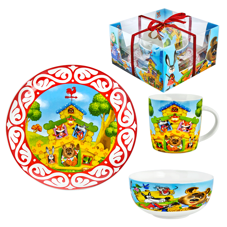 Набор детской посуды Сказка Теремок, кружка 300 мл, тарелка 20 см, тарелка глубокая 600 мл, порцелан фото 1 — Интернет каталог PriceOK