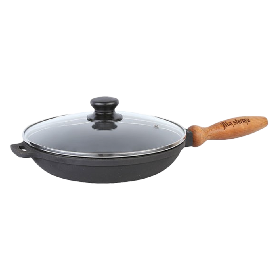 Чугунная сковорода с деревянной ручкой и стеклянной крышкой 26x4 см фото 1 — Интернет каталог PriceOK