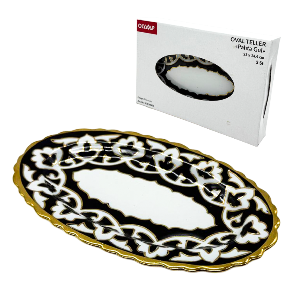 Овальная тарелка Пахта Гул синяя с золотом 3 шт Узбекистан 23 х 14,4 см фото 1 — Интернет каталог PriceOK
