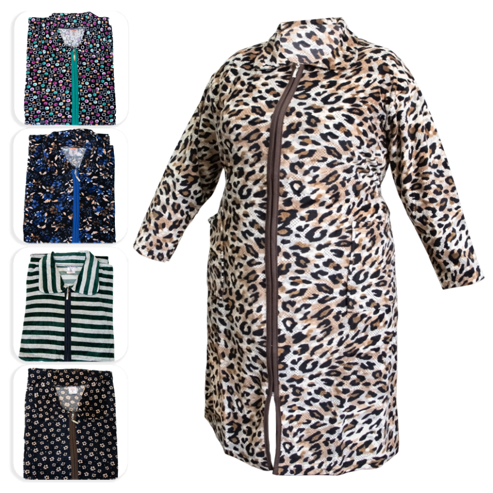 Домашний велюровый халат на замке, разные дизайны, 100% хлопок, 12XL, 13XL, 14XL фото 1 — Интернет каталог PriceOK