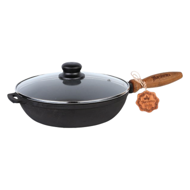 Чугунная сковорода с деревянной ручкой и стеклянной крышкой 24x4 см — Интернет каталог PriceOK