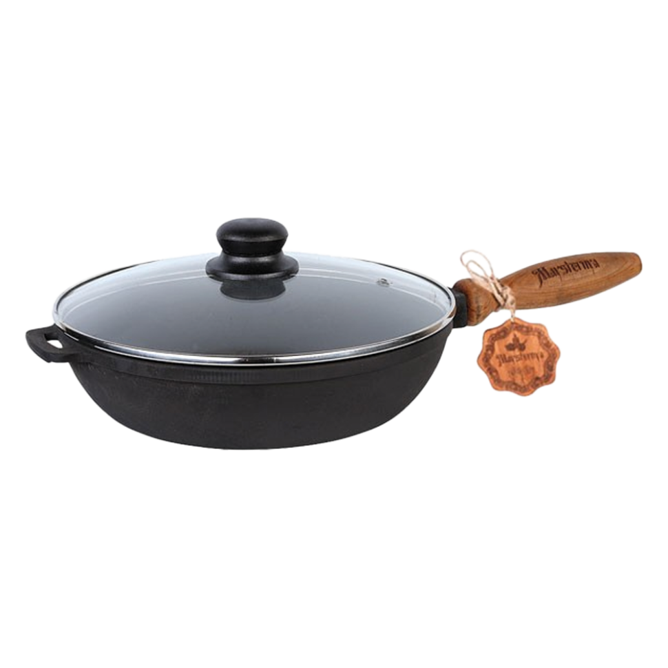 Чугунная сковорода с деревянной ручкой и стеклянной крышкой 24x4 см фото 1 — Интернет каталог PriceOK