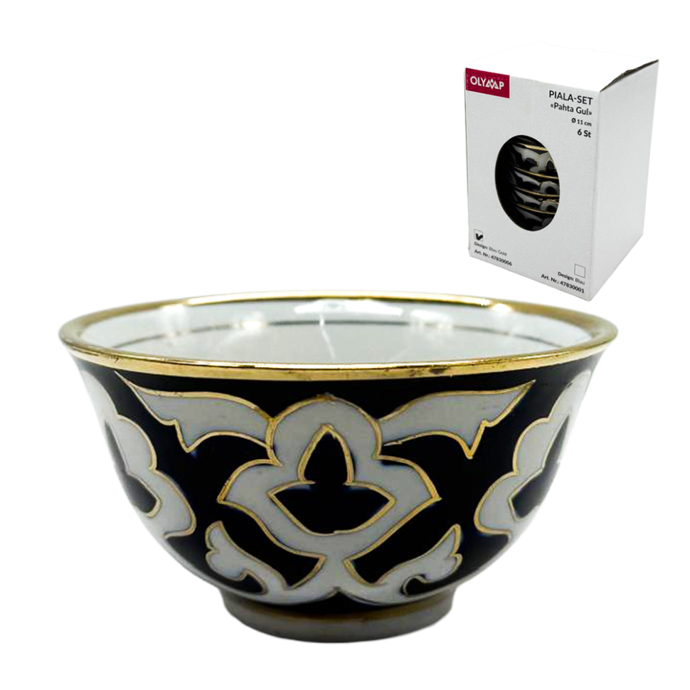 Набор пиал Пахта Гул 6 шт, белый-синий-золото, Узбекистан, диаметр 11 см фото 1 — Интернет каталог PriceOK