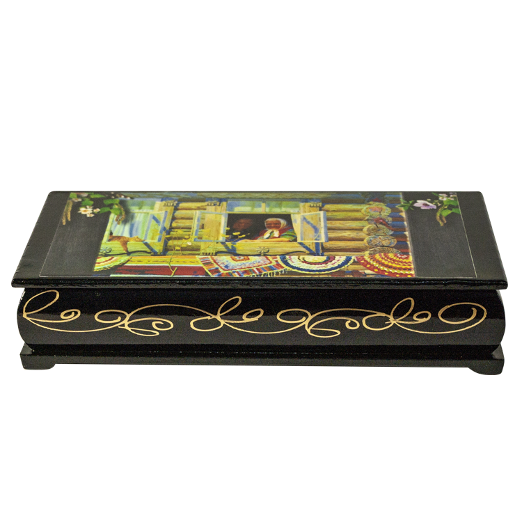 Шкатулка Бабушка и Дедушка у окна, простой узор по краю, лаковая миниатюра, 17,5х3,5х8,5 см фото 1 — Интернет каталог PriceOK