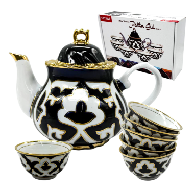 Чайный сервиз Пахта Гул 7 частей, 1 чайник (0,9 л) + 6 пиал, белый-синий-золото, Узбекистан — Интернет каталог PriceOK