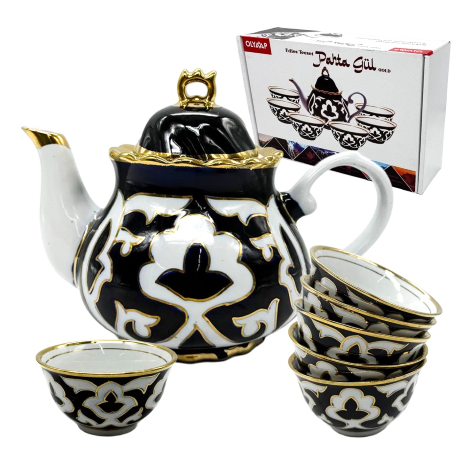 Чайный сервиз Пахта Гул 7 частей, 1 чайник (0,9 л) + 6 пиал, белый-синий-золото, Узбекистан фото 1 — Интернет каталог PriceOK