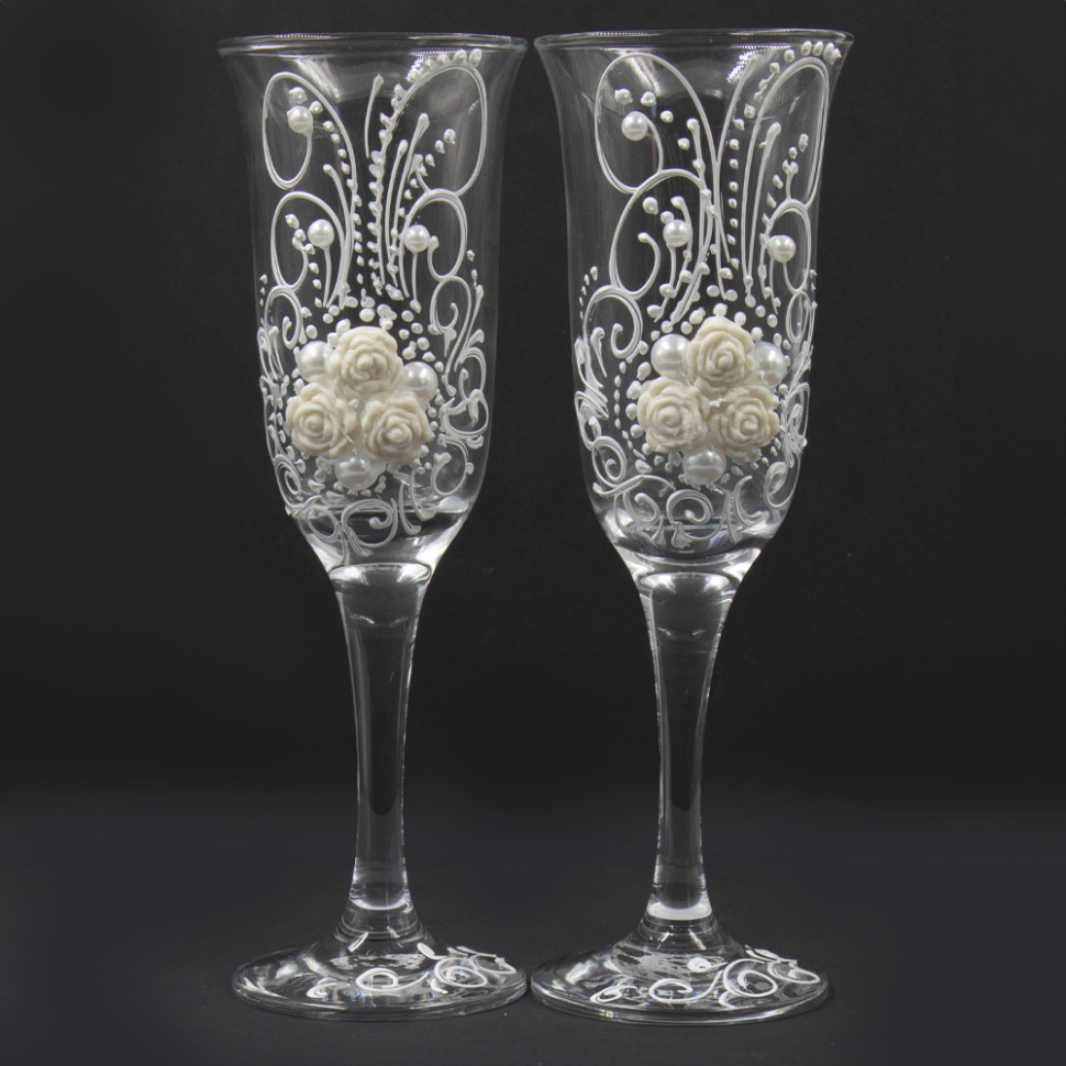 Подарочный набор свадебных фужеров, 2 шт, белые розы на белом орнаменте, 22,5 см фото 1 — Интернет каталог PriceOK
