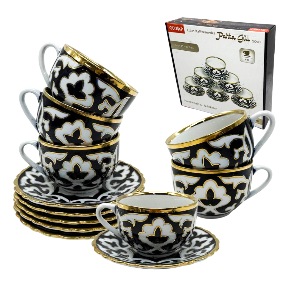 Кофейный сервиз Пахта Гул 12 частей, 6 чашек + 6 блюдец, белый-синий-золото, Узбекистан фото 1 — Интернет каталог PriceOK