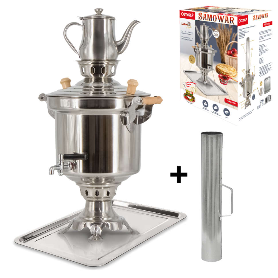 Самовар - Набор 5 л, нержавеющая сталь 1,2 мм, труба дымоходная, поднос, заварочный чайник 0,9 л фото 1 — Интернет каталог PriceOK