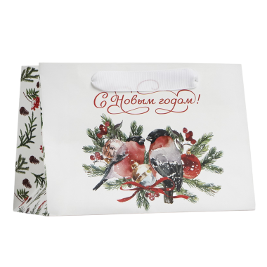 Ламинированный пакет подарочный новогодний с широким дном Снегири, 20 x 14 x 13 см — Интернет каталог PriceOK