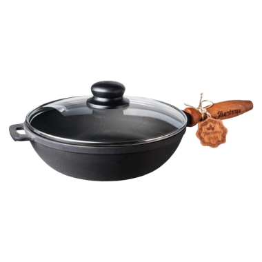 Чугунная сковорода с деревянной ручкой и стеклянной крышкой 28x6 см — Интернет каталог PriceOK