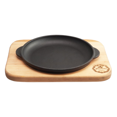 Чугунная сервировочная сковорода 18x2,5 см, с деревянной сервировочной доской — Интернет каталог PriceOK