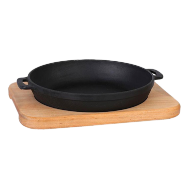 Чугунная сервировочная сковорода 20x4 см, с деревянной сервировочной доской — Интернет каталог PriceOK