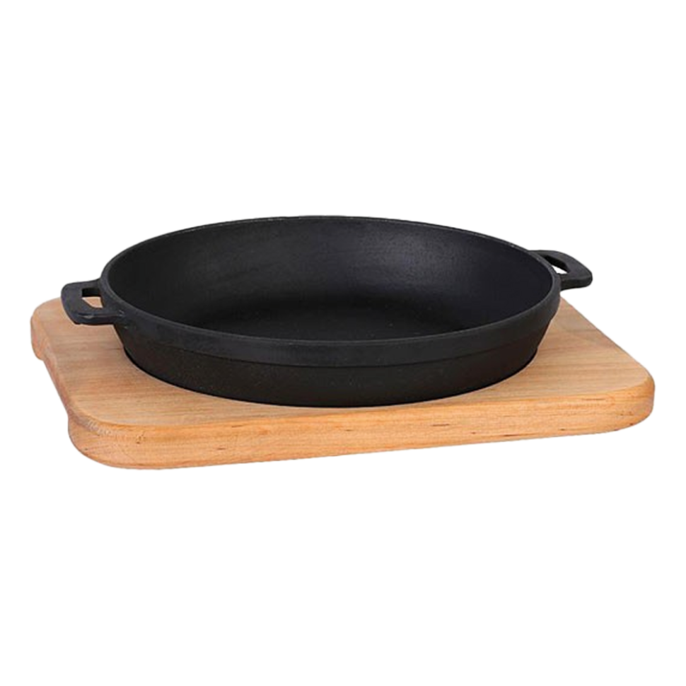 Чугунная сервировочная сковорода 20x4 см, с деревянной сервировочной доской фото 1 — Интернет каталог PriceOK