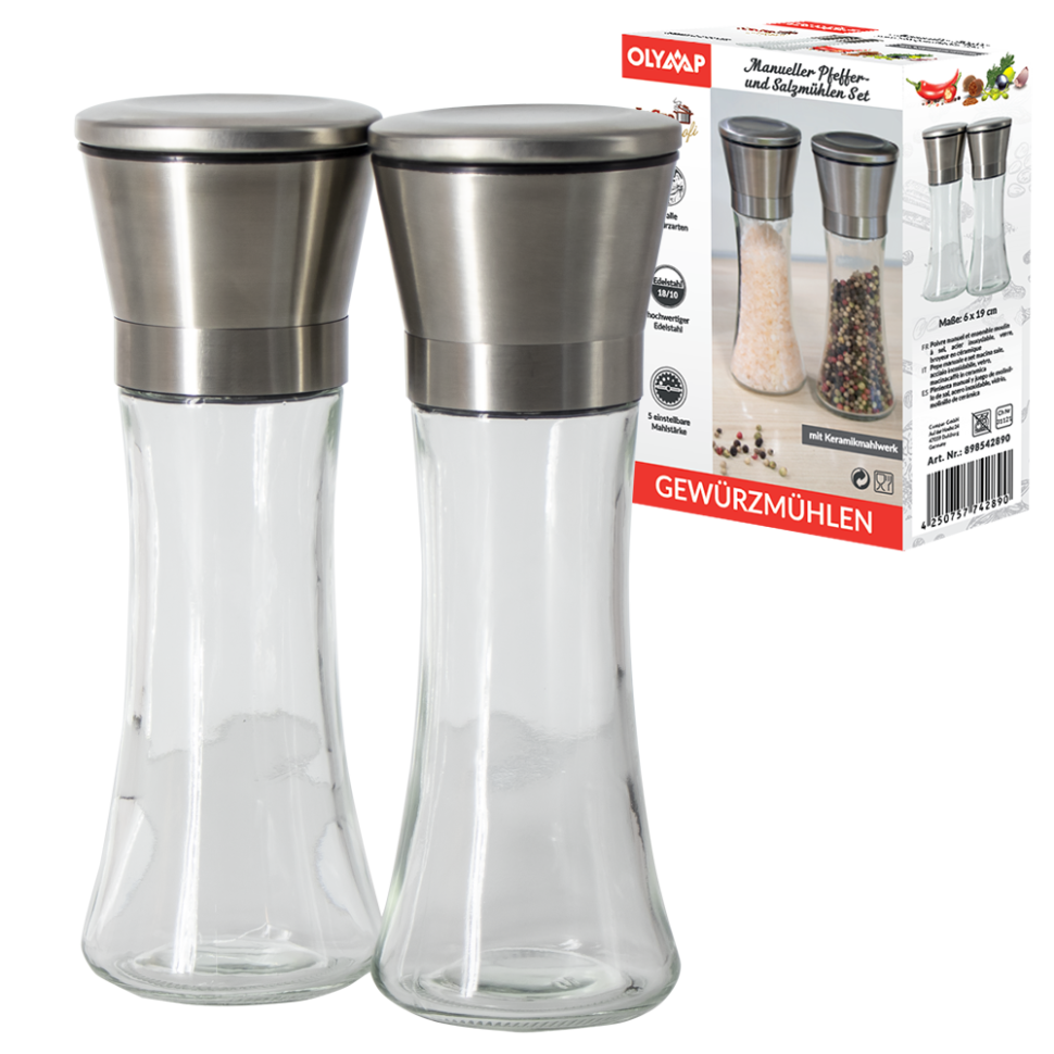 Набор ручных мельниц для соли и перца из стекла и нержавеющей стали, 19 см фото 1 — Интернет каталог PriceOK