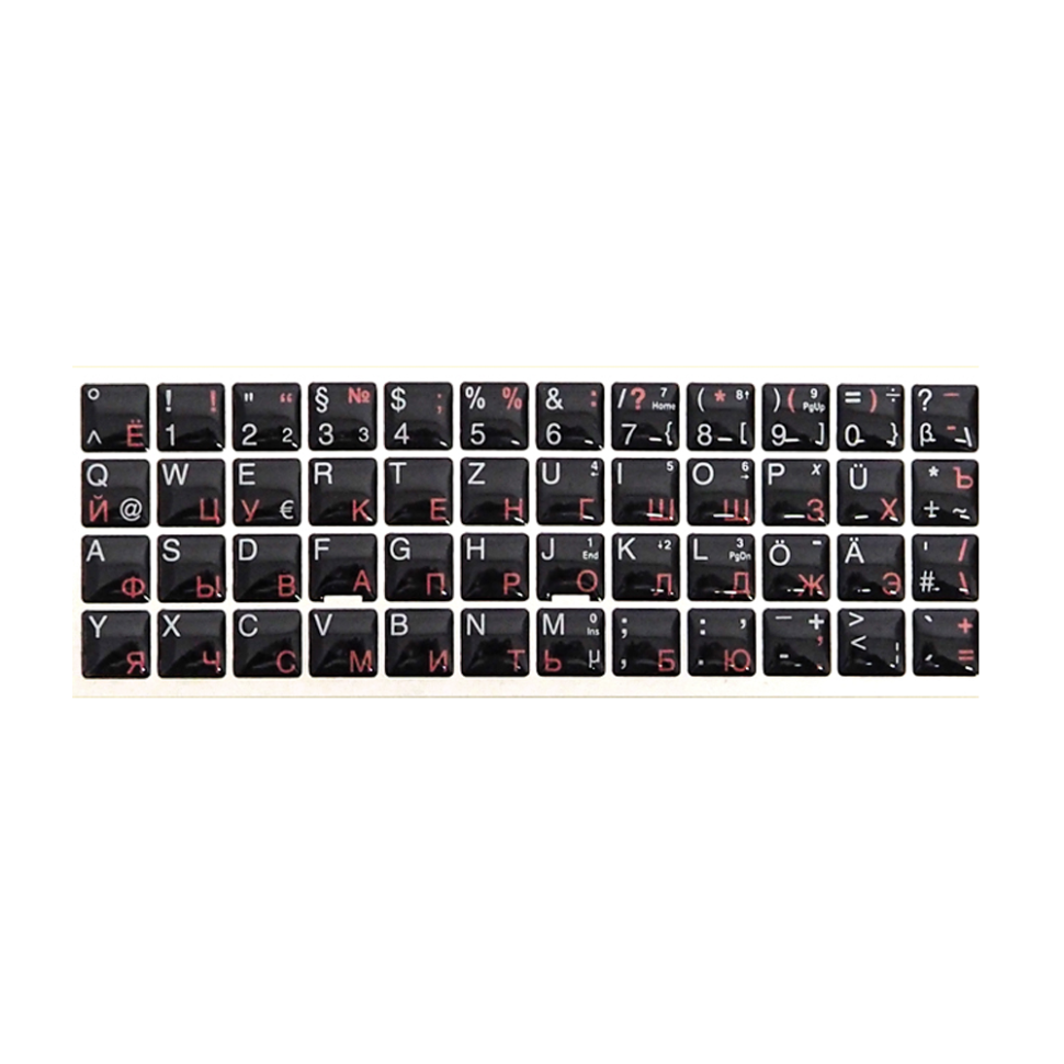 Наклейки для клавиатуры Немецкий - Русский, белый / красный, черный фон, объемные. фото 1 — Интернет каталог PriceOK