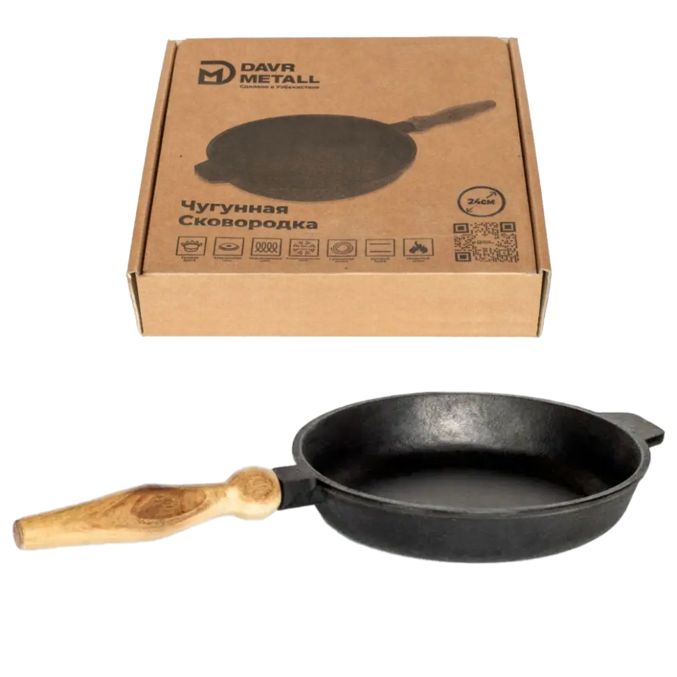 Сковорода чугунная диаметр 24 см с деревянной съемной ручкой, высота 4 см фото 1 — Интернет каталог PriceOK