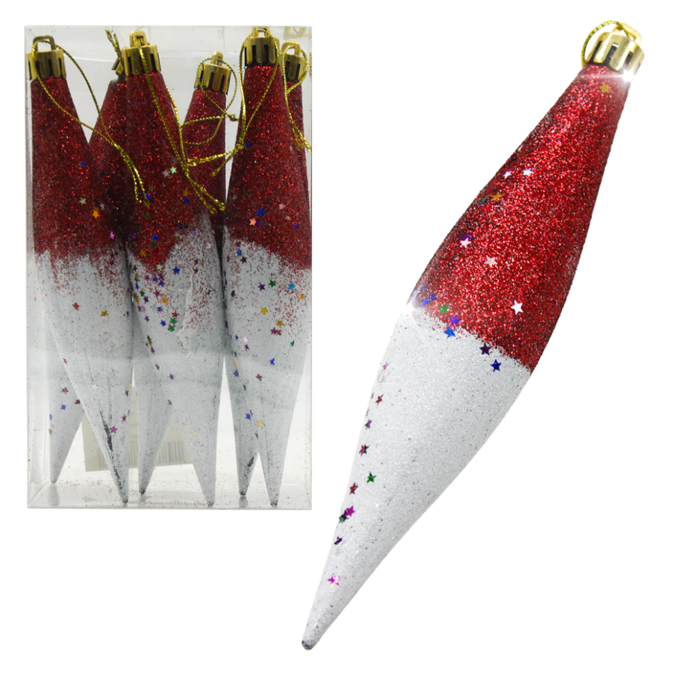 Набор ёлочных игрушек (6 шт), 16 см Сосулька, красные с белым фото 1 — Интернет каталог PriceOK