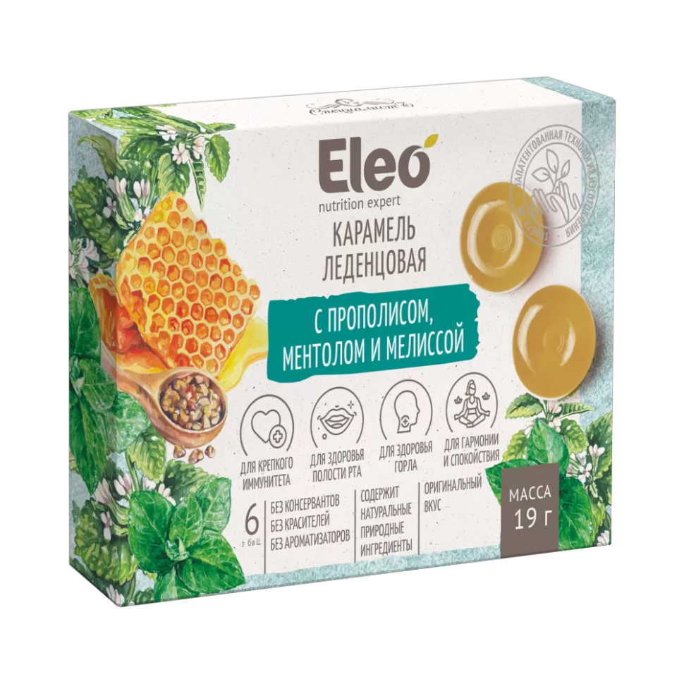 Карамель леденцовая с прополисом, ментолом и мелиссой Eleo 19 г фото 1 — Интернет каталог PriceOK
