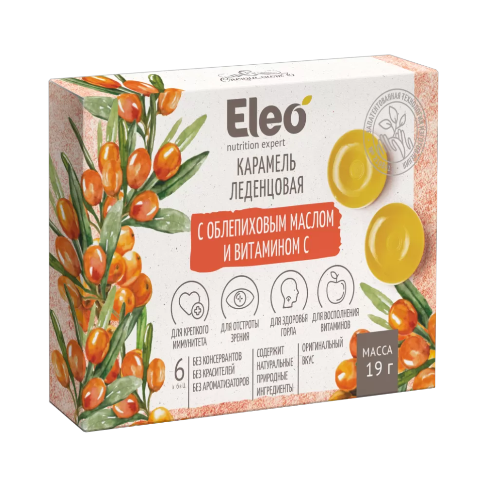 Карамель леденцовая с облепиховым маслом и витамином С Eleo 19 г фото 1 — Интернет каталог PriceOK