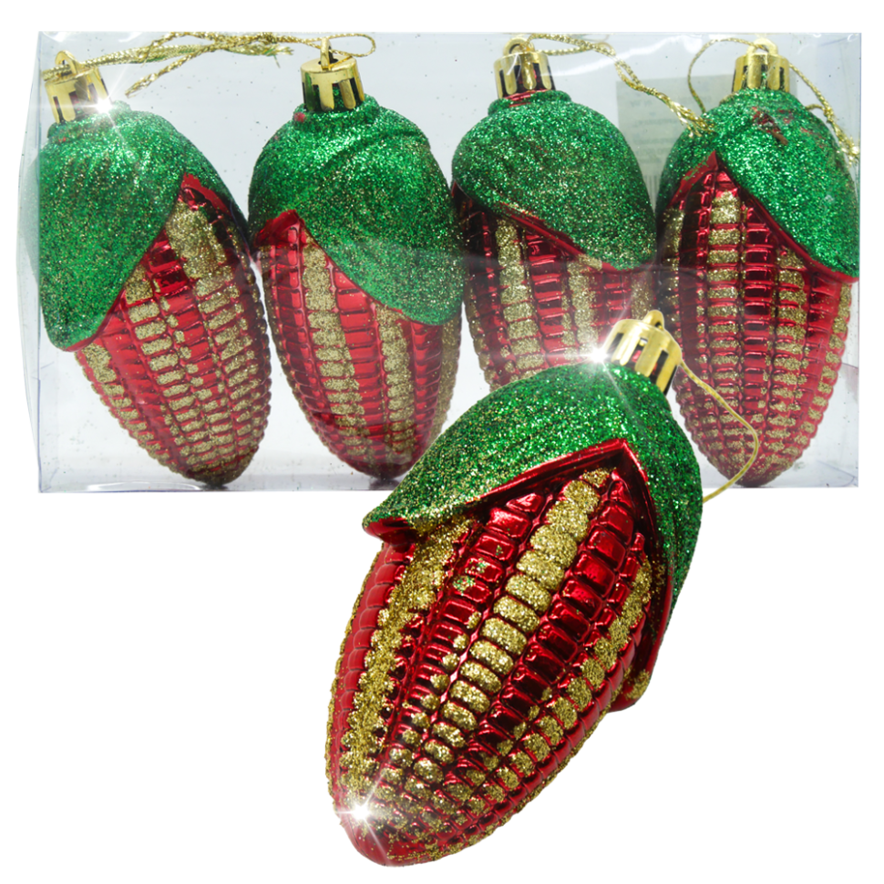 Набор ёлочных игрушек Кукуруза (4 шт.), красные с зеленым, 9 см фото 1 — Интернет каталог PriceOK