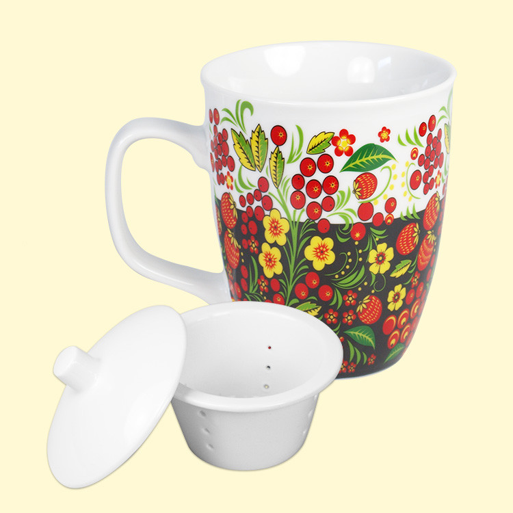 Набор для чаепития Хохлома, 6 предметов: 4 кружки 400 мл и 2 ситечка, из порцелана фото 1 — Интернет каталог PriceOK