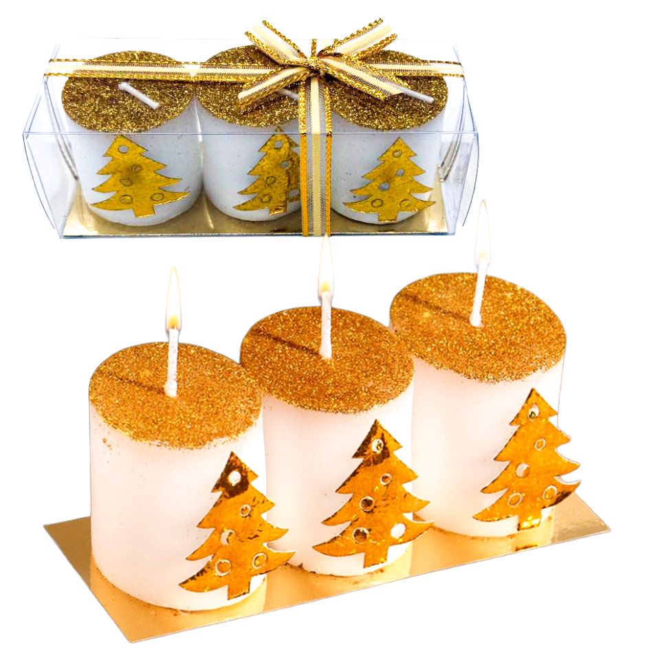 Набор свечей Золотые ёлочки, 3 шт., 13 x 4.5 х 4.5 см фото 1 — Интернет каталог PriceOK