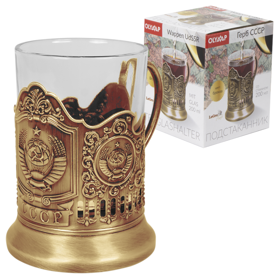 Подстаканник бронзовый Герб СССР со стаканом, 200 мл фото 1 — Интернет каталог PriceOK