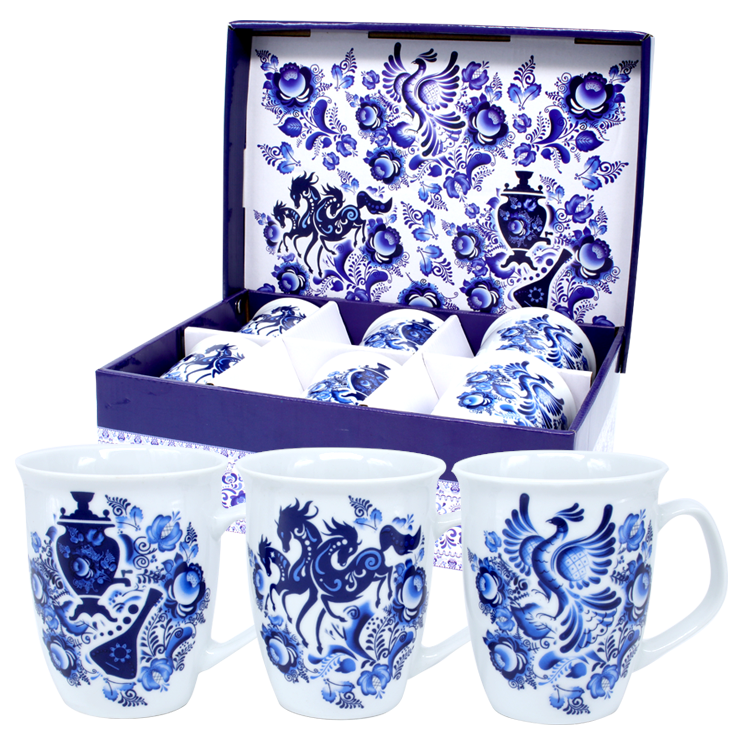 Набор кружек Гжель в подарочной упак. на 6 персон, 330 мл фото 1 — Интернет каталог PriceOK